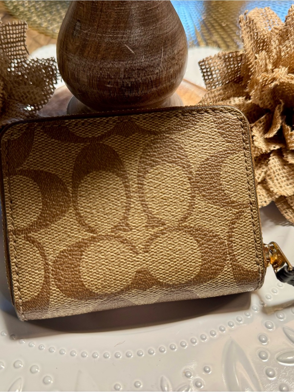 Coach Brown Leather & Signature Canvas Studded Wallet - Picture 2 of 7